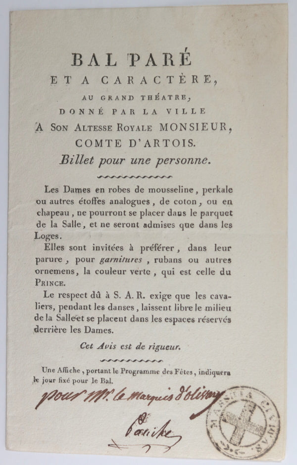 19e Aix Invitation Marquis d’Olivary bal paré S.A.R. Comte d’Artois