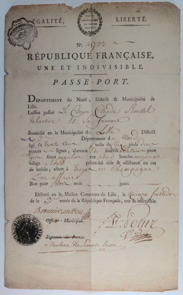 1795 Lille France révolution passeport pour tabatier de Lille 1795 Lille France révolution passeport pour tabatier de Lille