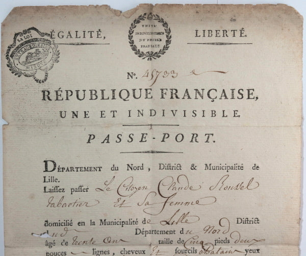 1795 Lille France révolution passeport pour tabatier de Lille