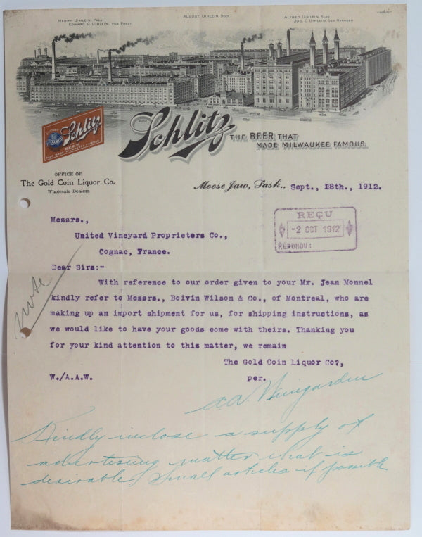 1912 Canada Moose Jaw SK Schlitz letterhead to Cognac France 1912 Canada Moose Jaw SK Schlitz letterhead to Cognac France