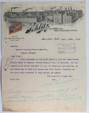 1912 Canada Moose Jaw SK Schlitz letterhead to Cognac France