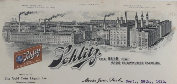 1912 Canada Moose Jaw SK Schlitz letterhead to Cognac France 1912 Canada Moose Jaw SK Schlitz letterhead to Cognac France