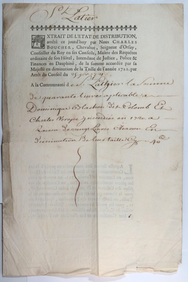 1721 France Grenoble quittance tailles signé Boucher Seigneur d’Orsay