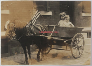 USA RPPC photo patriotic postcard children pony-drawn cart early 1900s