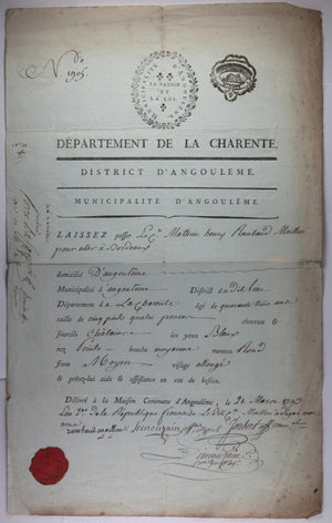 France 1793 Angoulême laissez-passer M. Rambaud Maillou aller Bordeaux