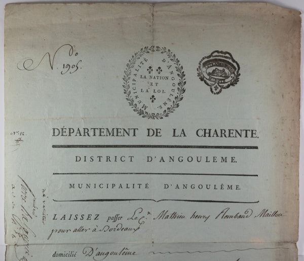 France 1793 Angoulême laissez-passer M. Rambaud Maillou aller Bordeaux