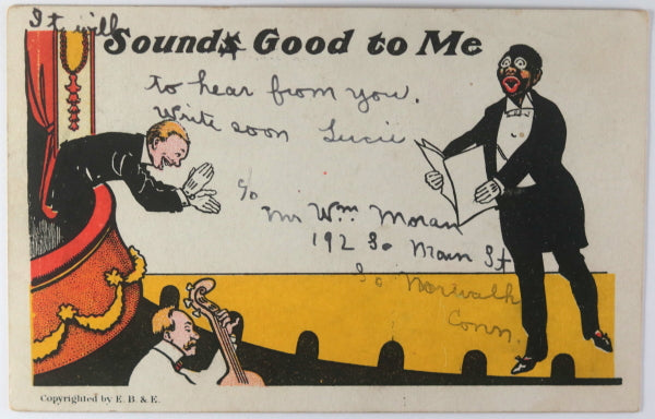 1905 USA postcard Black Americana, minstrel black-face singer on stage