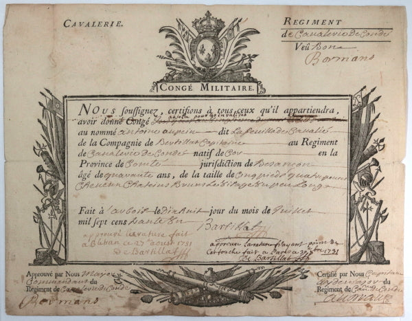 1731 France congé militaire Régiment Cavalerie Condé