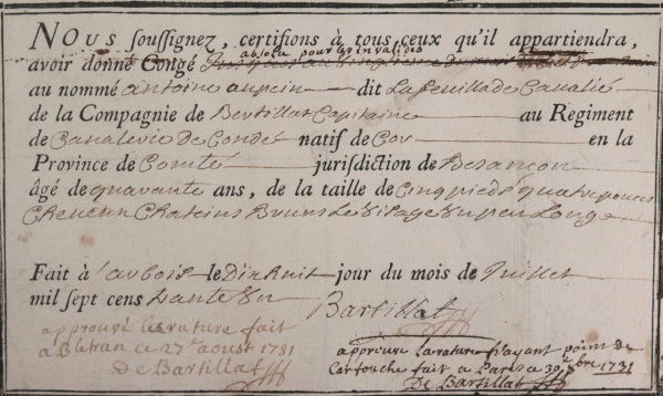 1731 France congé militaire Régiment Cavalerie Condé