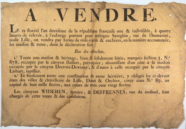 1794 Lille belle affiche vente maison de Bassart perruquier
