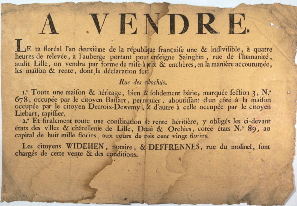 1794 Lille belle affiche vente maison de Bassart perruquier 1794 Lille belle affiche vente maison de Bassart perruquier
