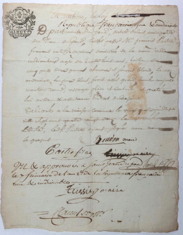 Révolution 1792 et 1794 laisser-passer cultivateur à St Jean du Gard