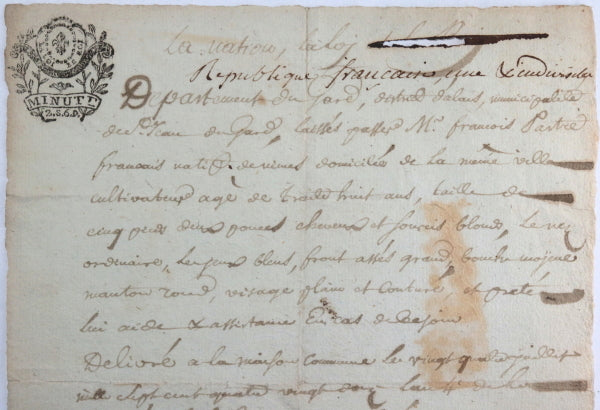 Révolution 1792 et 1794 laisser-passer cultivateur à St Jean du Gard