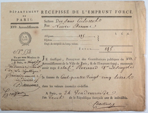 1794 Paris récépisse de l’Emprunt Forcé Section des Sans Culottes
