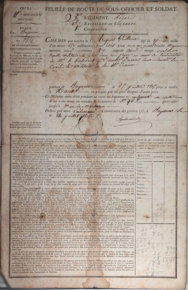 1815 France 1er Empire documents chasseur 3e Régiment Inft. Légère