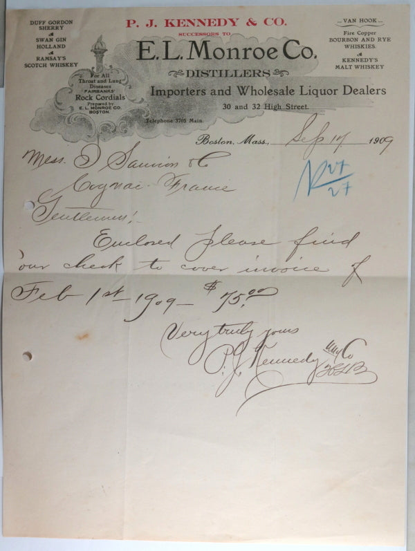 Boston 1909 letter from P.J. Kennedy to France, payment for liquor