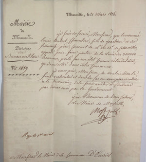 1814 lettre maire de Marseille, recherche soldat rétardataire d'Auriol