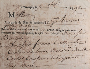 1792 connaissement maritime Toulouse à Agde, 2 sacs de finances