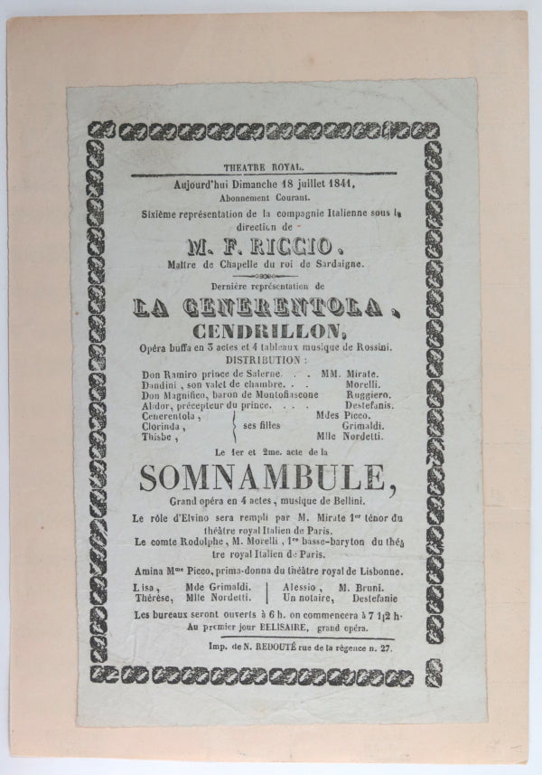 1841 Belgique Liège affichette théâtre Royal, Rossini 'Cendrillon’