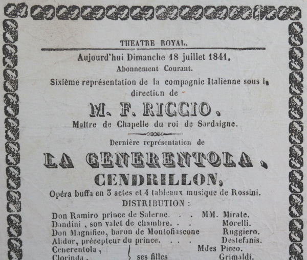 1841 Belgique Liège affichette théâtre Royal, Rossini 'Cendrillon’