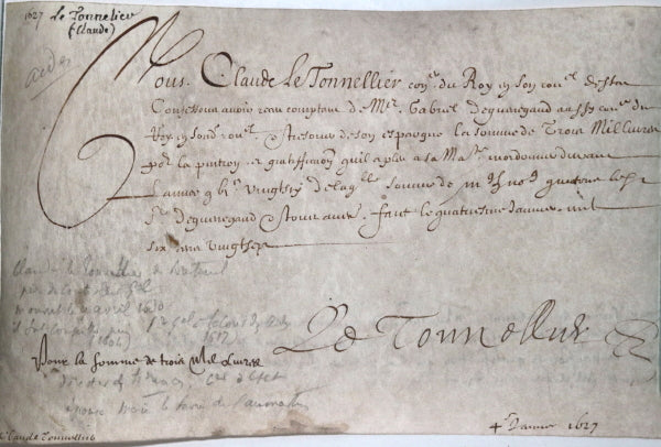 1627 quittance Claude le Tonnellier de Breteuil, conseiller Louis XIII
