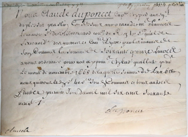 1668 quittance Capitaine Duponcet, régiment du Plessis-Praslin