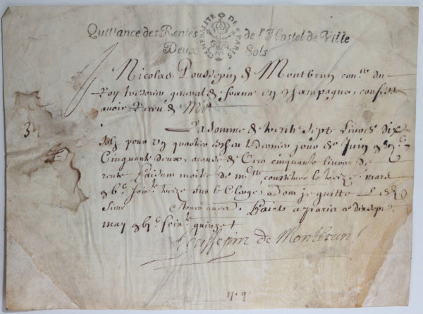 1675 quittance Nicholas Poussepin de Montbrun trésorier en Champagne