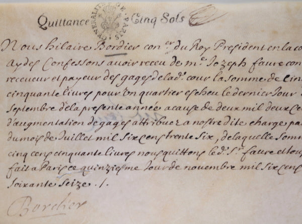 1676 quittance Hilaire Bordier, Président Cour des Aydes, Paris France