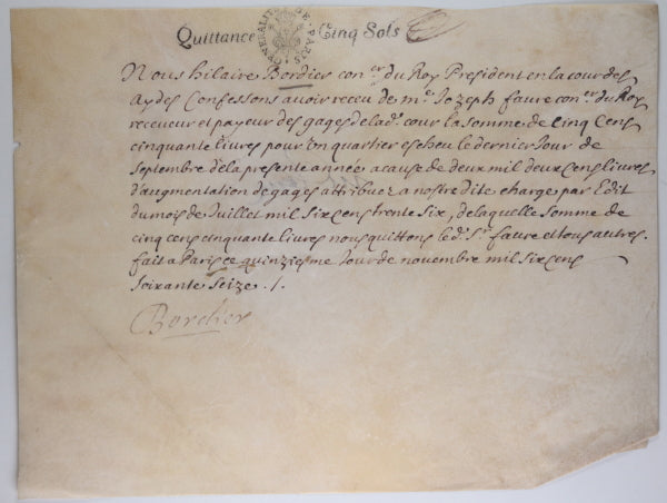 1676 quittance Hilaire Bordier, Président Cour des Aydes, Paris France