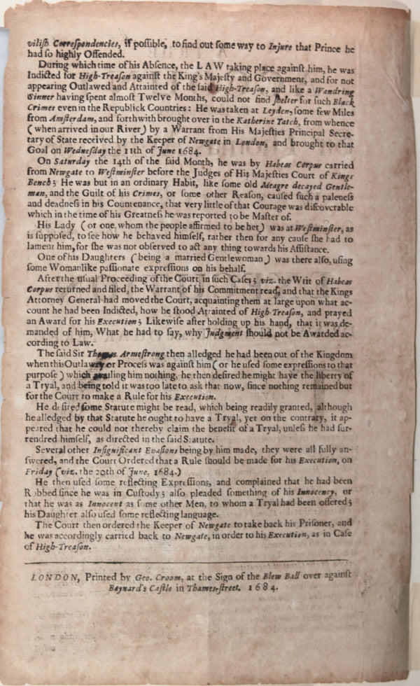 1684 trial Sir Thomas Armstrong, sentence: Drawn, Hanged and Quartered