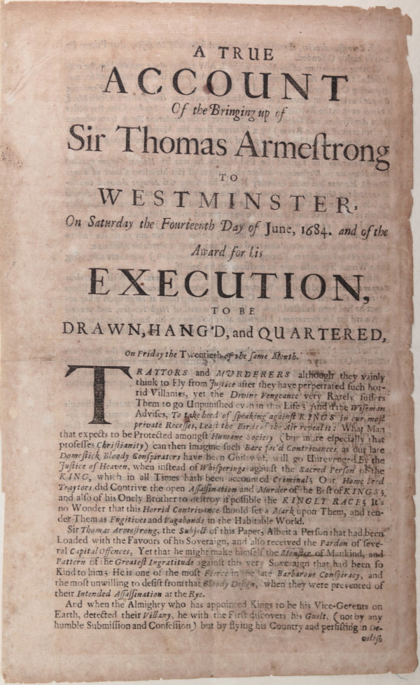 1684 trial Sir Thomas Armstrong, sentence: Drawn, Hanged and Quartered