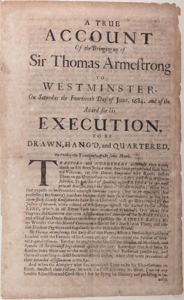 1684 trial Sir Thomas Armstrong, sentence Drawn, Hanged and Quartered