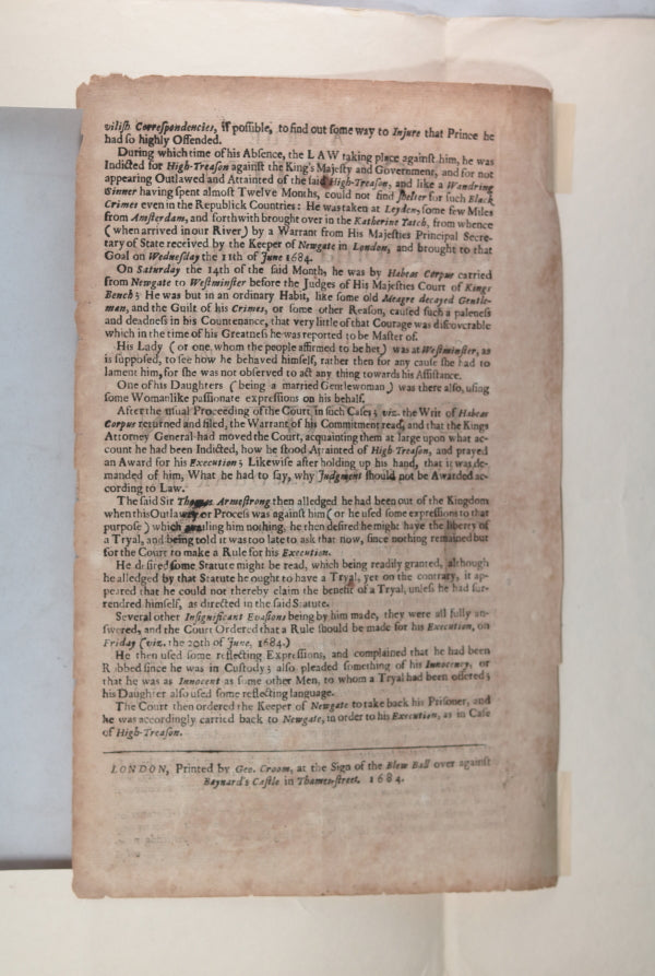 1684 trial Sir Thomas Armstrong, sentence: Drawn, Hanged and Quartered