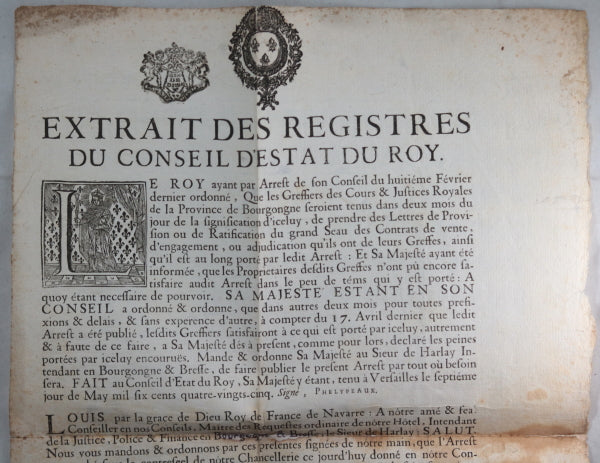 1685 Dijon affiche signé l'Intendant de Harlay de Bonneuil (Louis XIV)