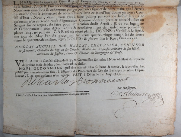 1685 Dijon affiche signé l'Intendant de Harlay de Bonneuil (Louis XIV)