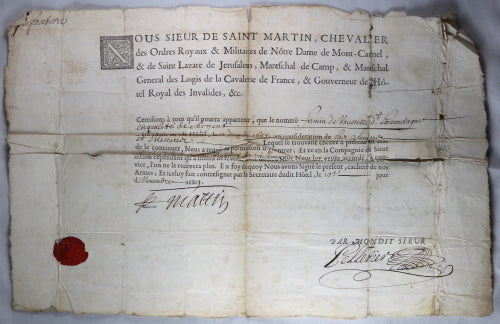 1689 certificat admission à l'Hotel des Invalides (Paris) pour Sergent