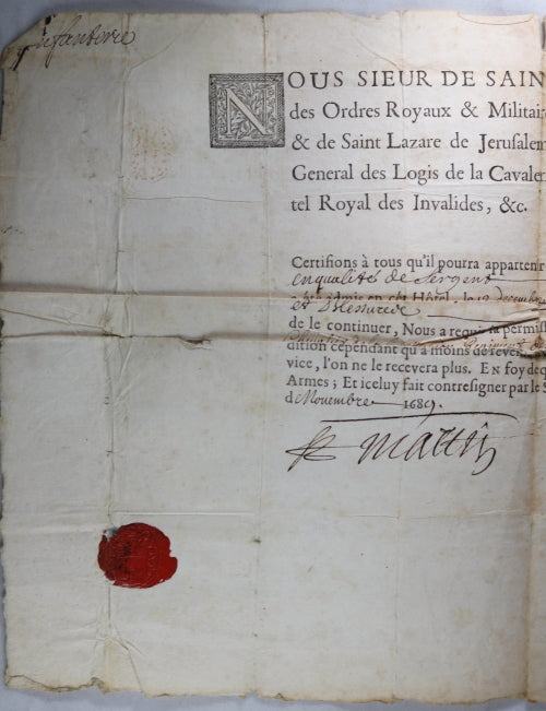 1689 certificat admission à l'Hotel des Invalides (Paris) pour Sergent