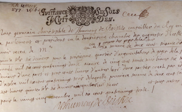 1692 quittance Germain Christophe de Thumery, conseiller de Louis XIV