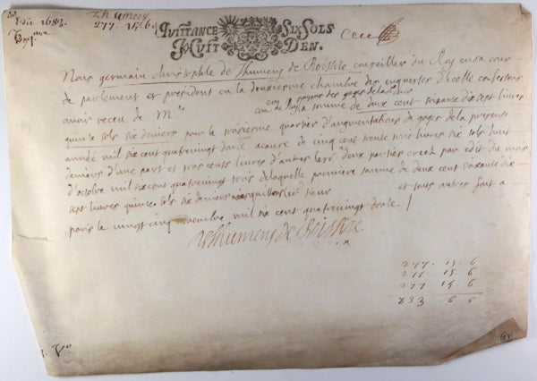 1692 quittance Germain Christophe de Thumery, conseiller de Louis XIV
