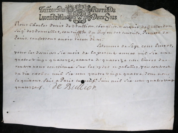 1694 Paris quittance de Bullion Marquis de Gallardon, aides et gabelles