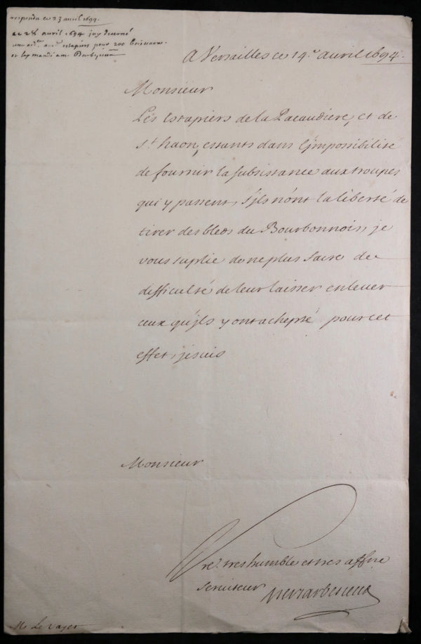 1694 Versailles lettre M. de Barbezieux à M. de Voyer blé pour étapier