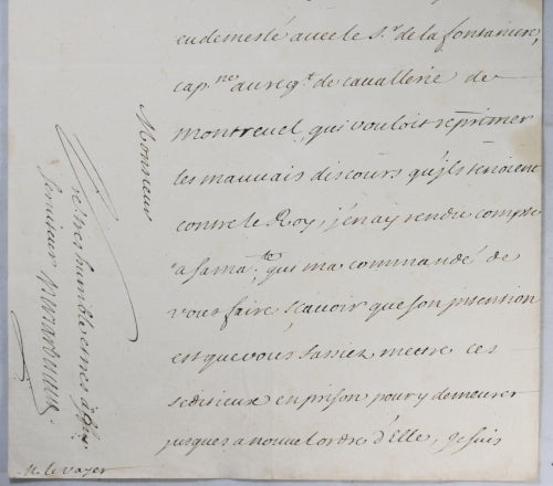1694 lettre M. de Barbezieux à M. de Voyer mettre séditieux en prison