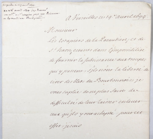 1694 Versailles lettre M. de Barbezieux à M. de Voyer blé pour étapier