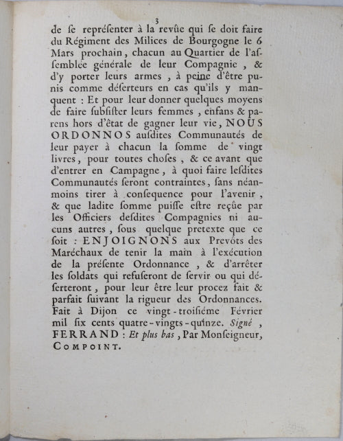 1695 Intendant Bourgogne & Bresse - congé des Milices 1695 Intendant Bourgogne & Bresse - congé des Milices
