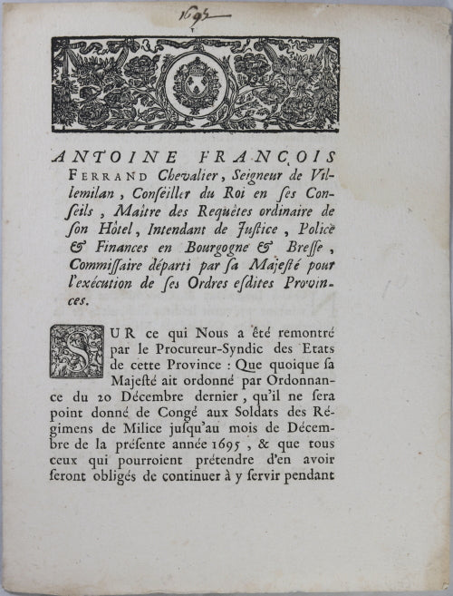 1695 Intendant Bourgogne & Bresse - congé des Milices