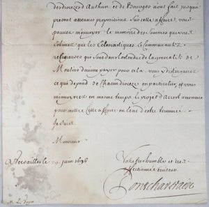1696 lettre M. de Pontchartrain à M. de Voyer: Eaux et Fontaines