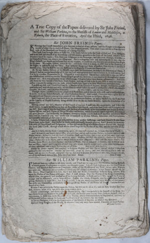 1696 manuscript, details trial of Sir William Parkins London (High Treason)