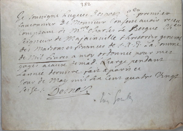 1696 quittance Desnois, fauconnier de S.A.R. Duc d'Orléans (Louis XIV)