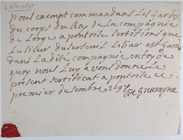 1697 Pointoise certificat de présence, garde de corps roi Louis XIV