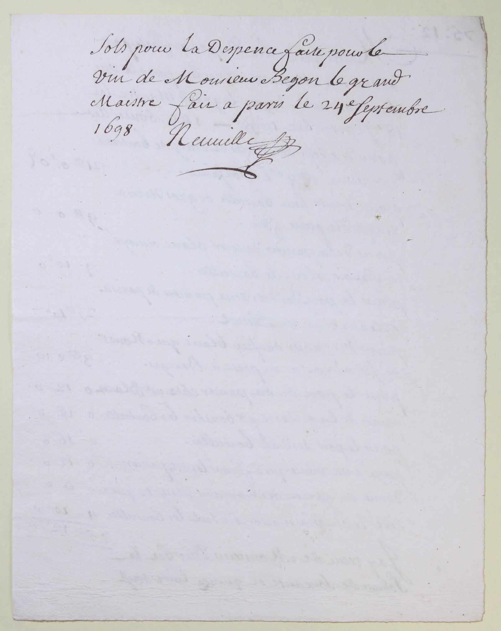 1698 dépenses pour vin M. Begon (future intendant Nouvelle France)